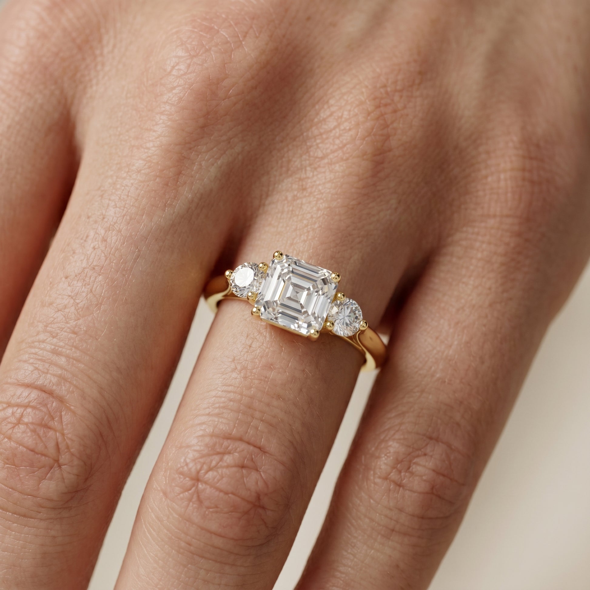 Asscher Round Cut Lab Grown Diamond Ring in Yellow Gold
