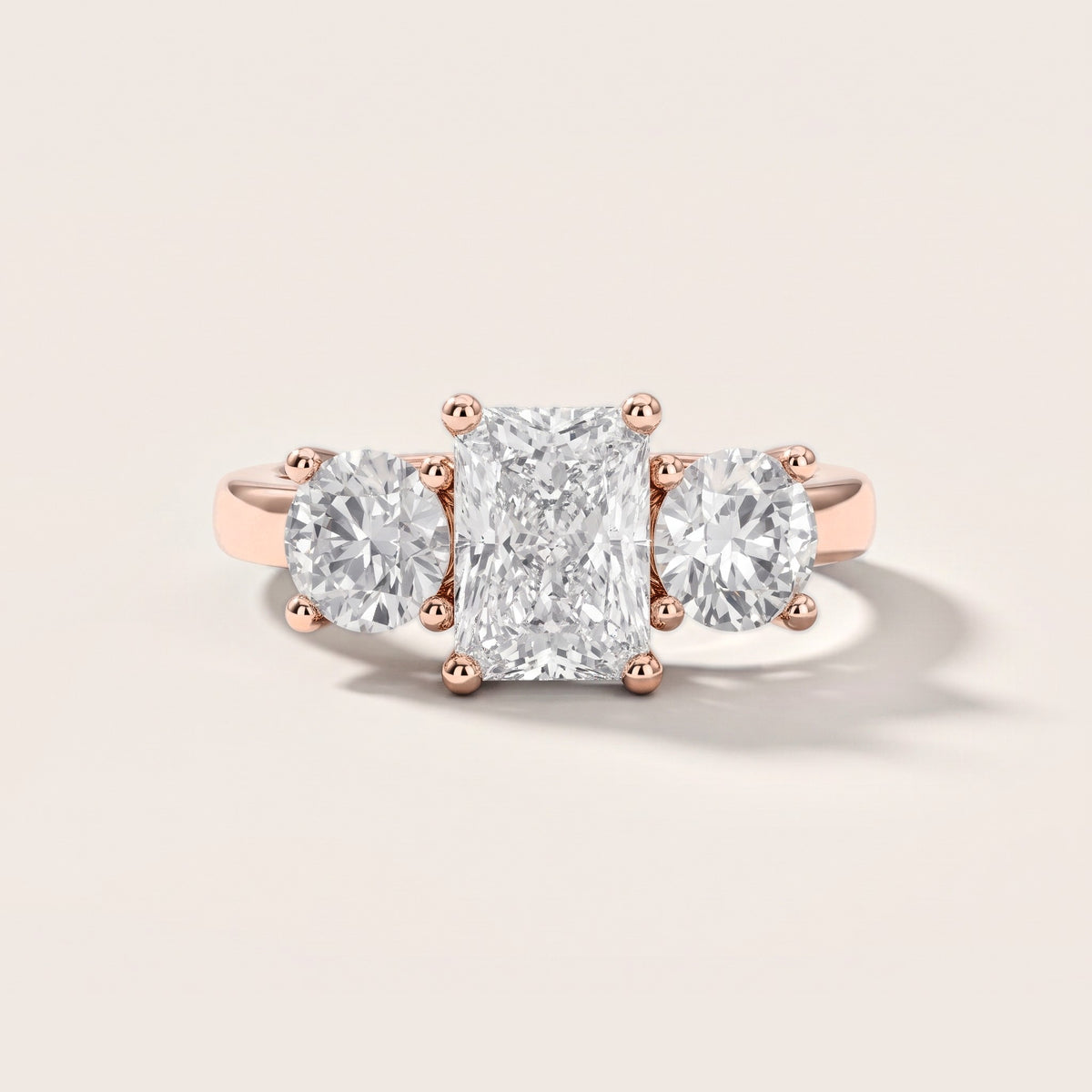 Callie Three-Stone Trellis Radiant Diamond Engagement Ring in Rose Gold [studio-metal-r8-20261024]