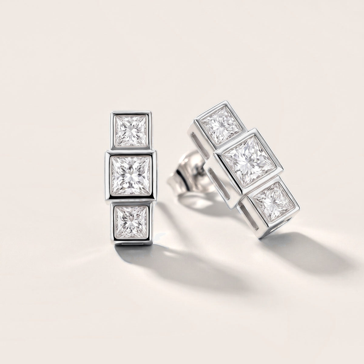 Crest Three-Stone Princess Diamond Earrings in Silver [studio-metal-20261024]