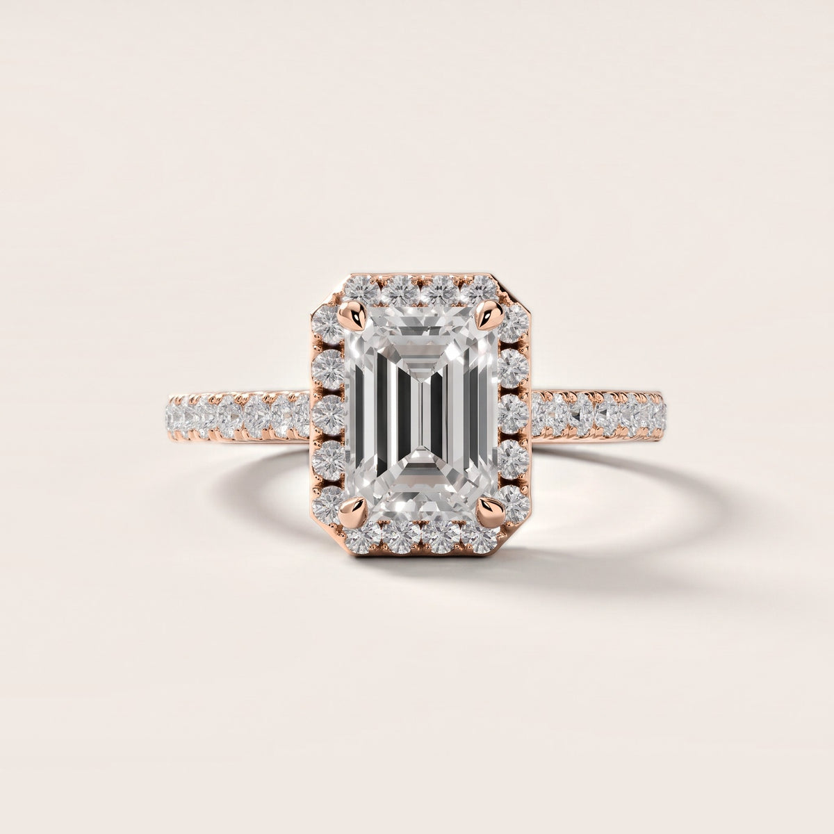 Amara Halo Claw Prong Emerald Diamond Engagement Ring in Rose Gold [studio-metal-20261024]