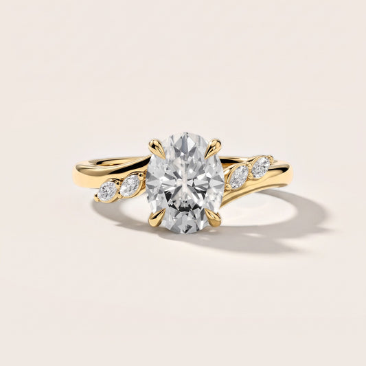 Flora Twist Side Stone Oval Diamond Engagement Ring in Yellow Gold [studio-post-I-trial]
