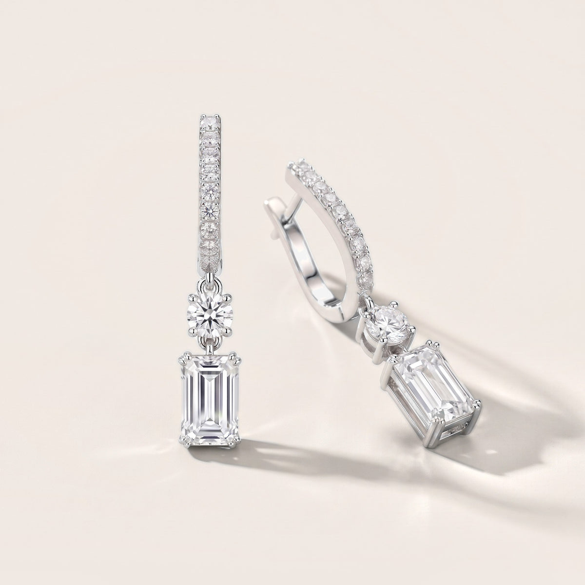Luminous Huggie Emerald & Round Diamond Drop Earrings in Silver [studio-metal-20261024]