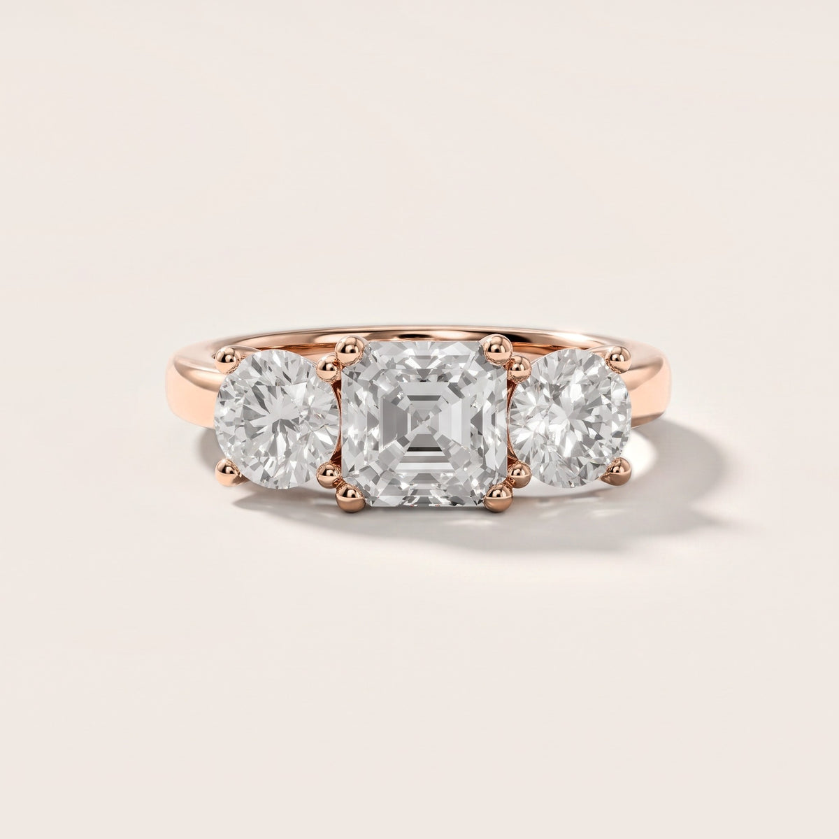 Callie Three-Stone Trellis Asscher Diamond Engagement Ring in Rose Gold [studio-metal-20261024]