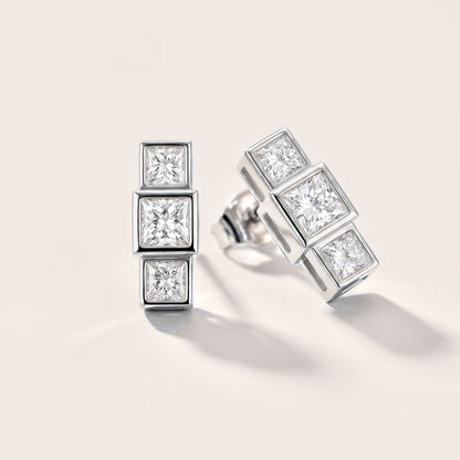 Crest Three-Stone Princess Diamond Earrings in Platinum [studio-metal-20261024]