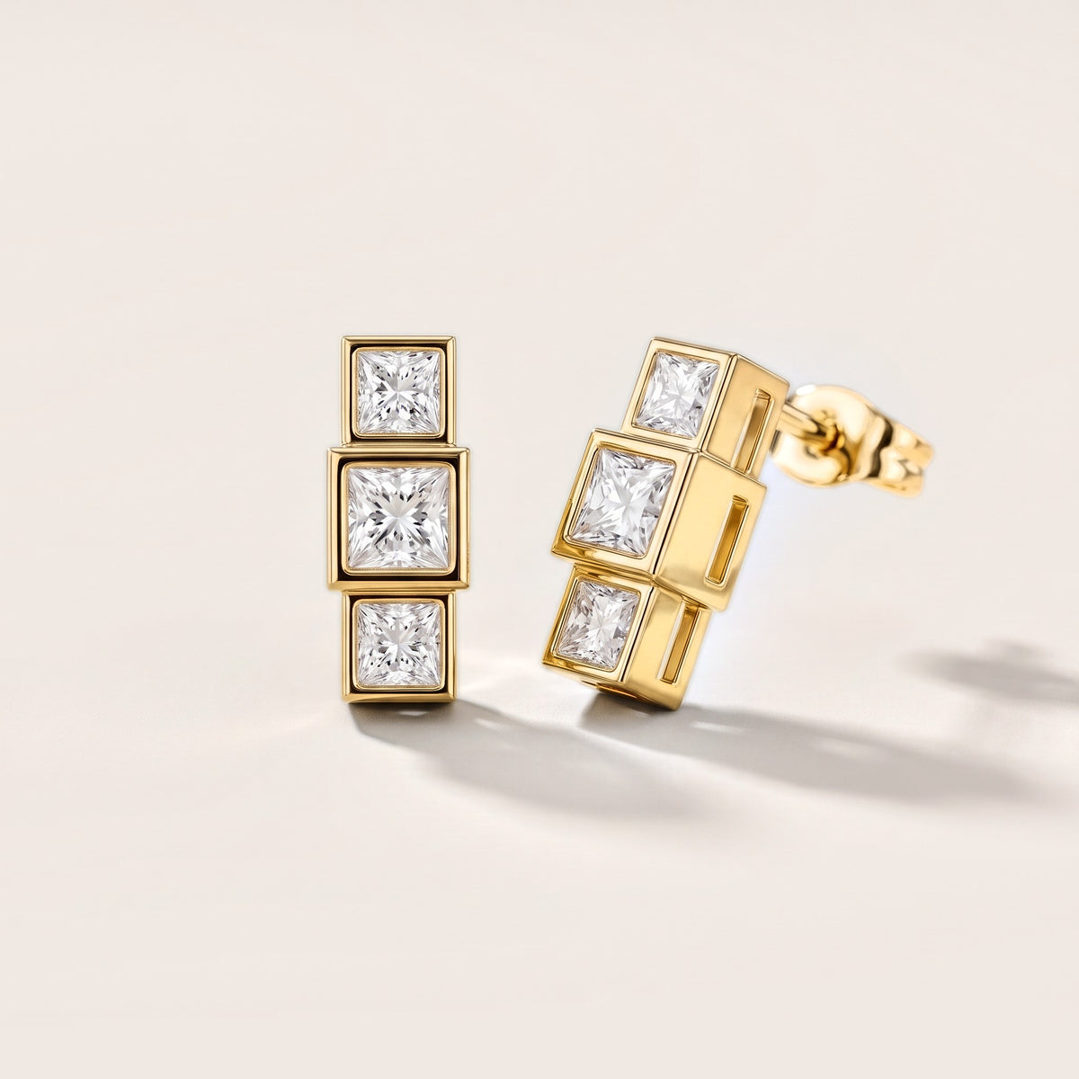 Crest Three-Stone Princess Diamond Earrings in Yellow Gold [studio-metal-20261024]