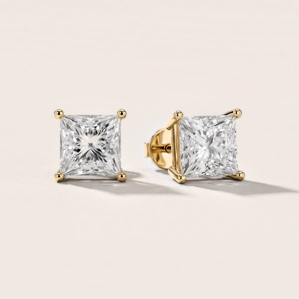 Four Prong Princess Diamond Stud Earrings in Yellow Gold