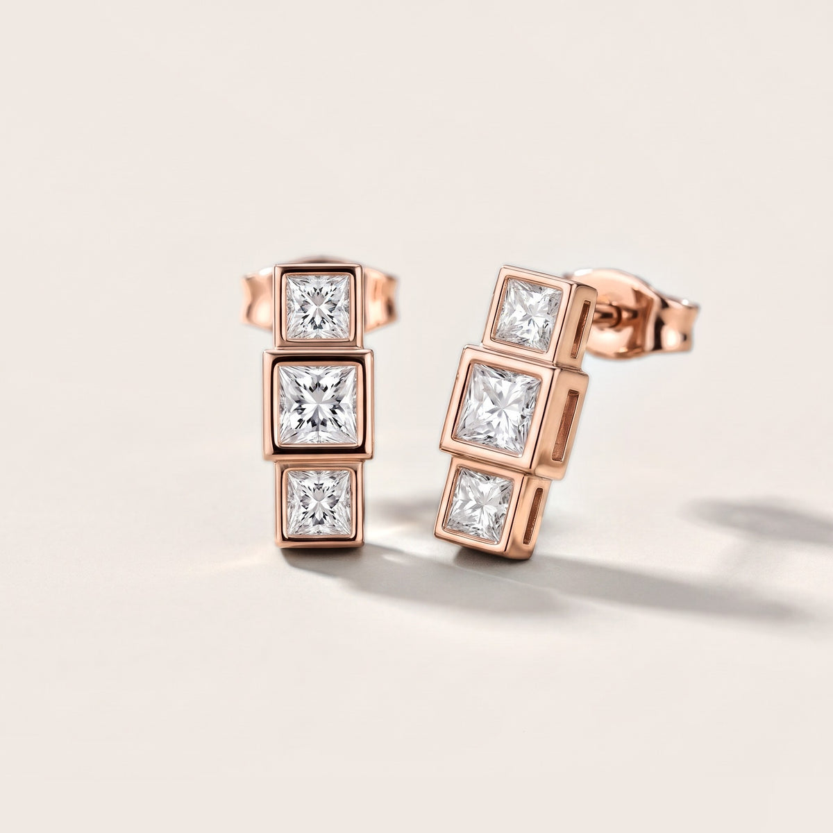 Crest Three-Stone Princess Diamond Earrings in Rose Gold [studio-metal-20261024]