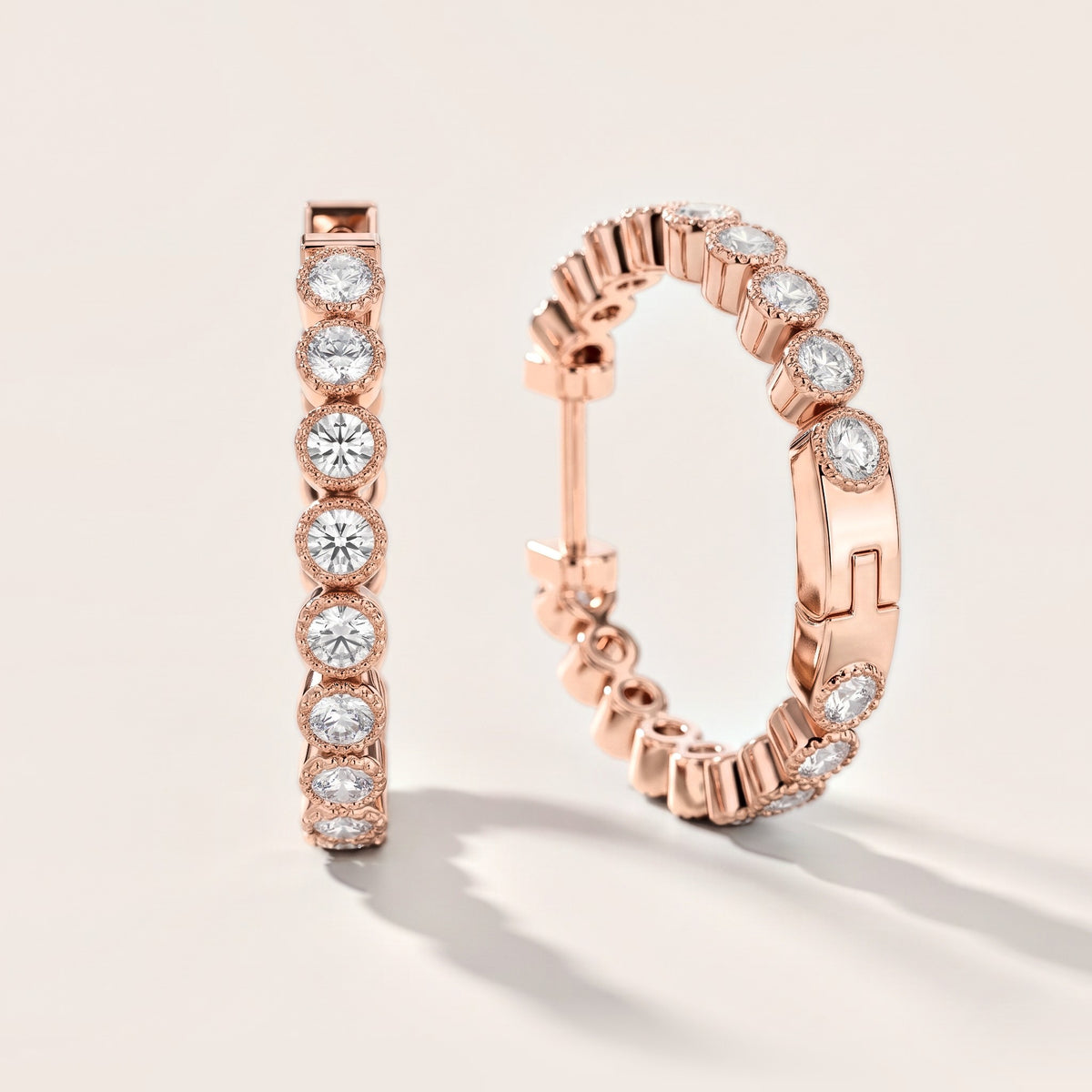 Iris Milgrain Round Diamond Hoop Earrings in Rose Gold [studio-metal-20261024]