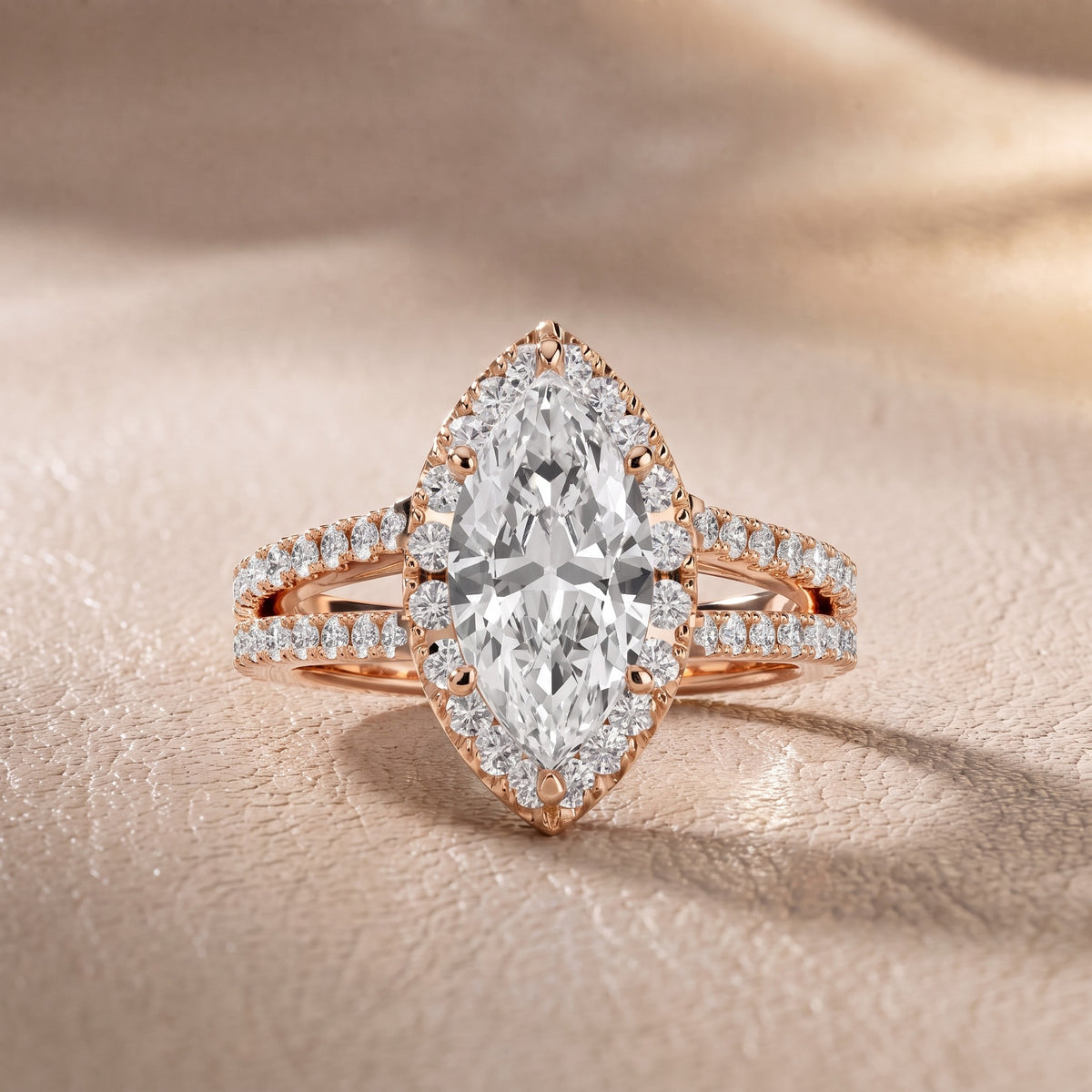 Kira Halo Split Shank Marquise Diamond Engagement Ring in Rose Gold - front.jpg