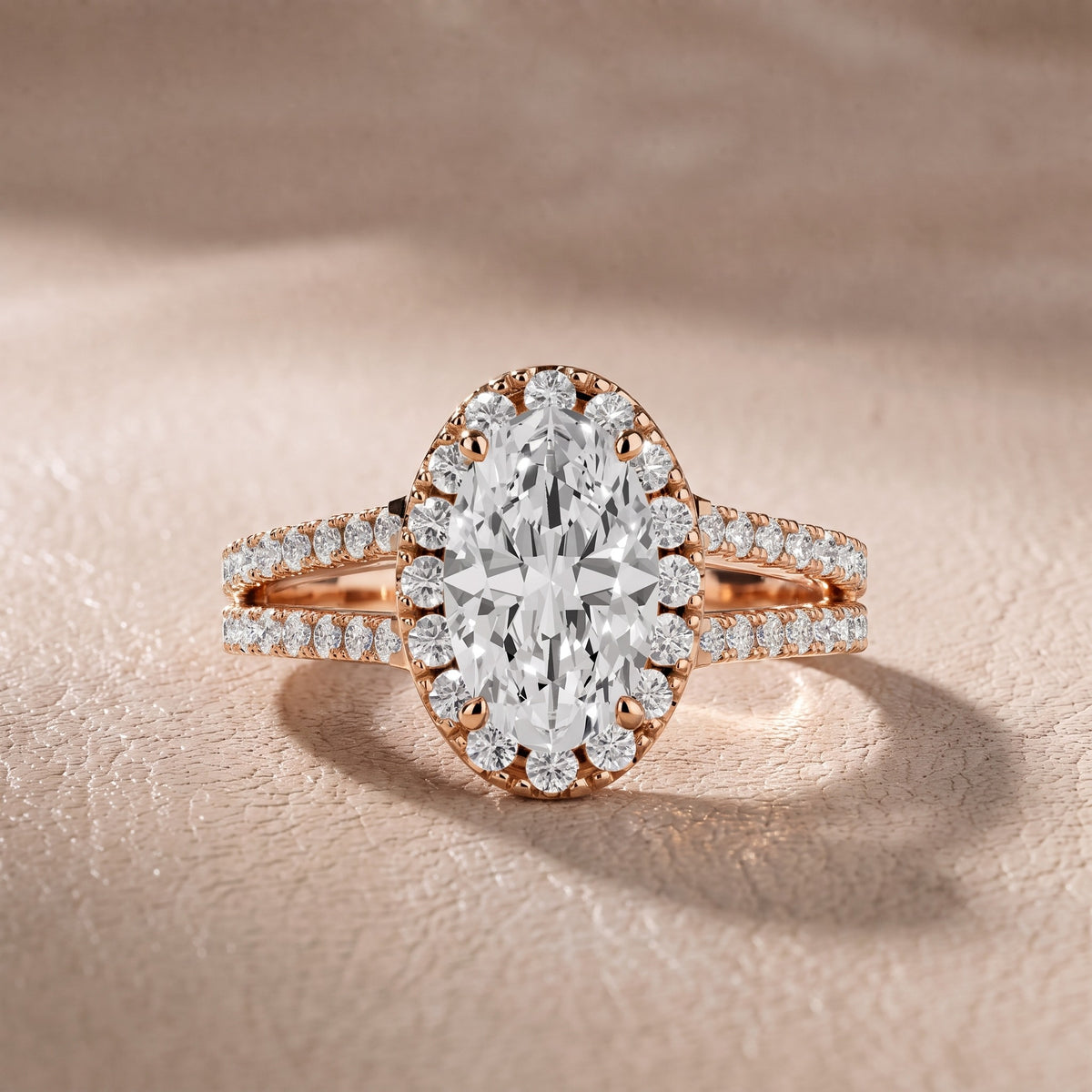Kira Halo Split Shank Oval Diamond Engagement Ring in Rose Gold - front.jpg