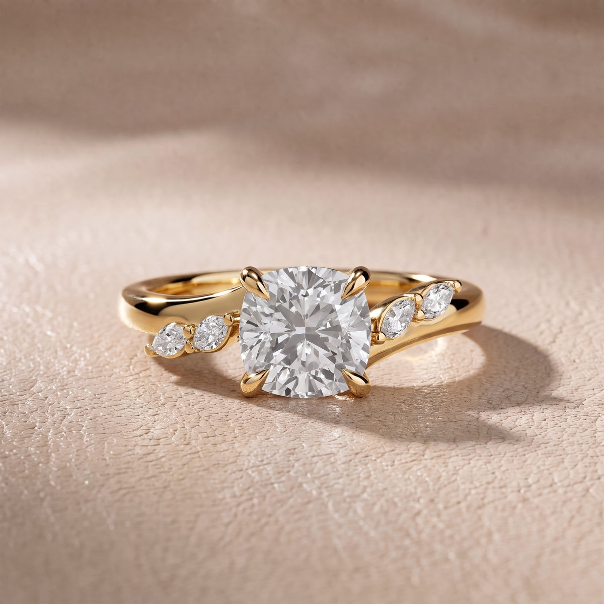 Flora Twist Side Stone Cushion Diamond Engagement Ring in Yellow Gold - front.jpg