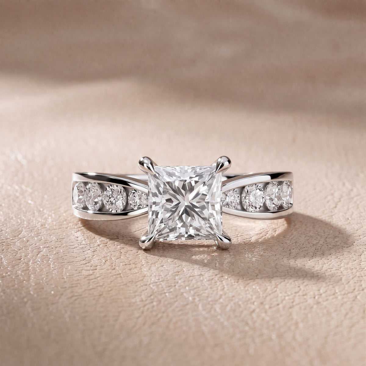 Rosalie Channel Set Sidestone Princess Diamond Engagement Ring in White Gold - front.jpg