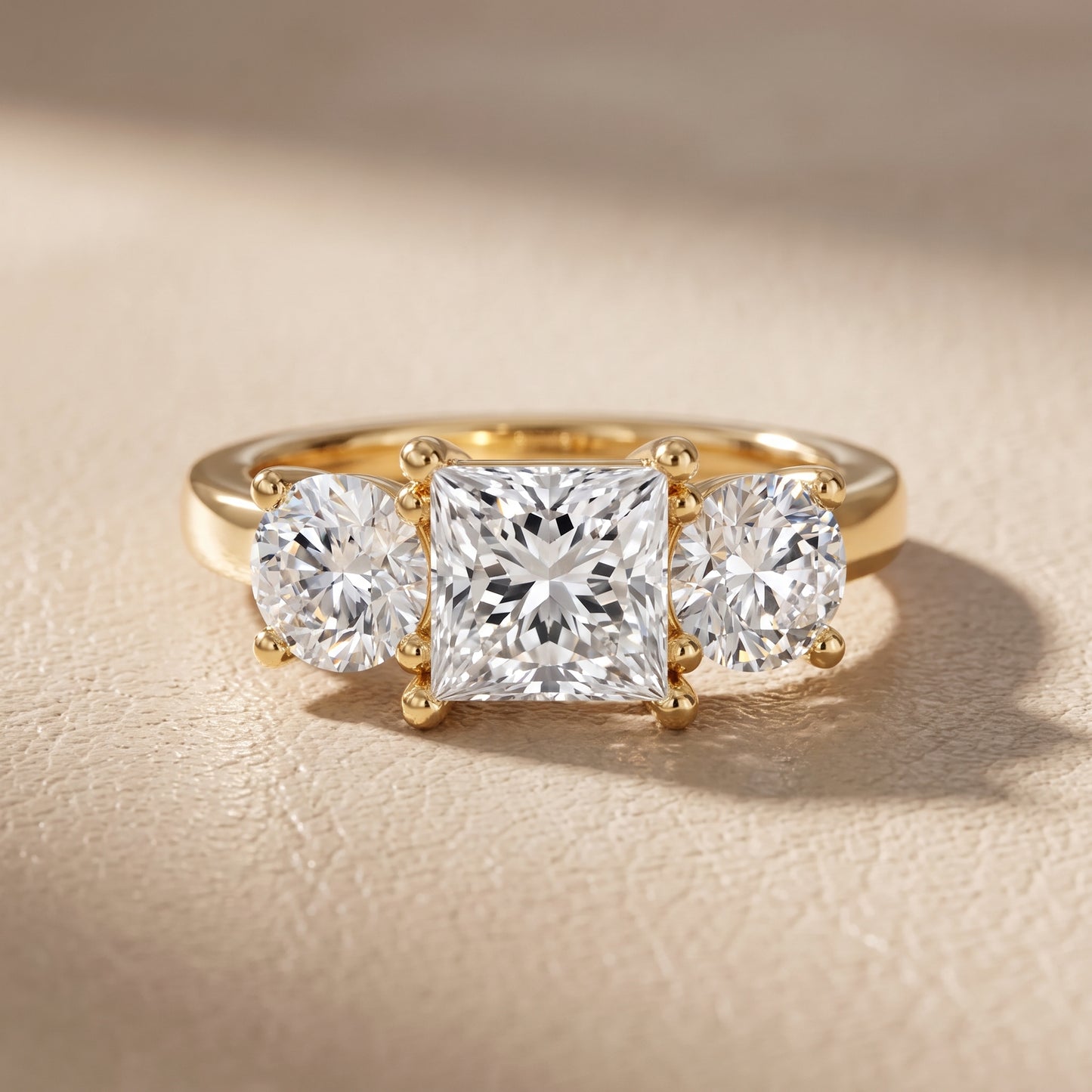Callie Three-Stone Trellis Princess Diamond Engagement Ring in Yellow Gold - front.jpg