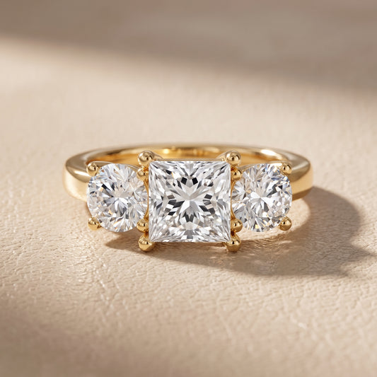 Callie Three-Stone Trellis Princess Diamond Engagement Ring in Yellow Gold - front.jpg