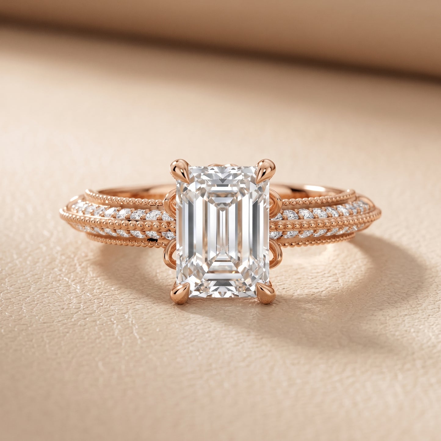 Indie Vintage Milgrain Emerald Diamond Engagement Ring in Rose Gold - front.jpg