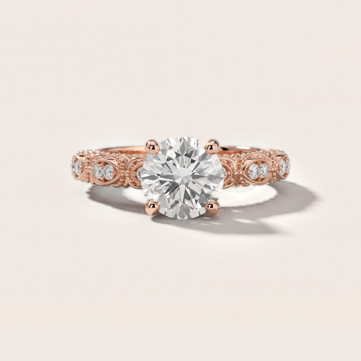 Mae Vintage Filigree Round Diamond Engagement Ring in Rose Gold - front.jpg