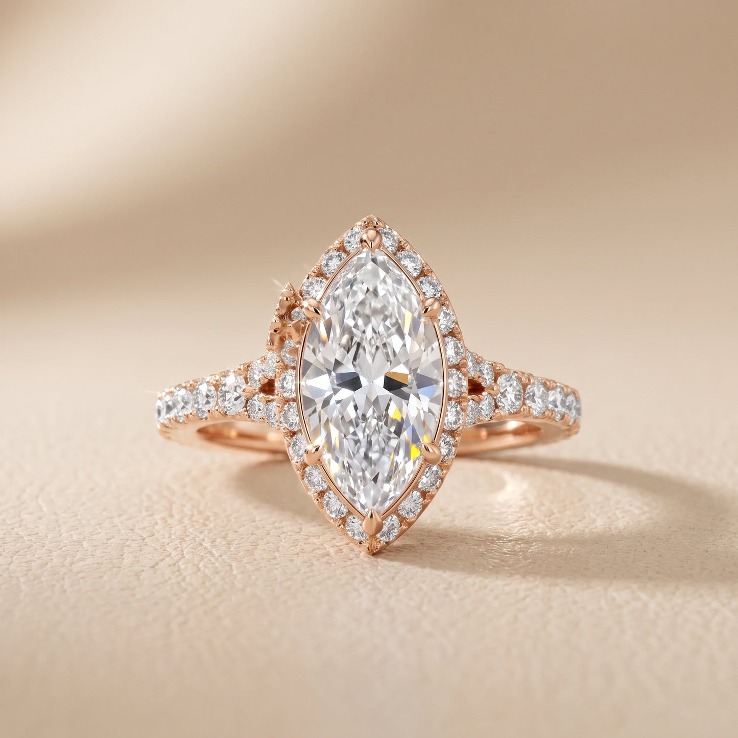 Bella Halo Pavé Marquise Diamond Engagement Ring in Rose Gold - front.jpg