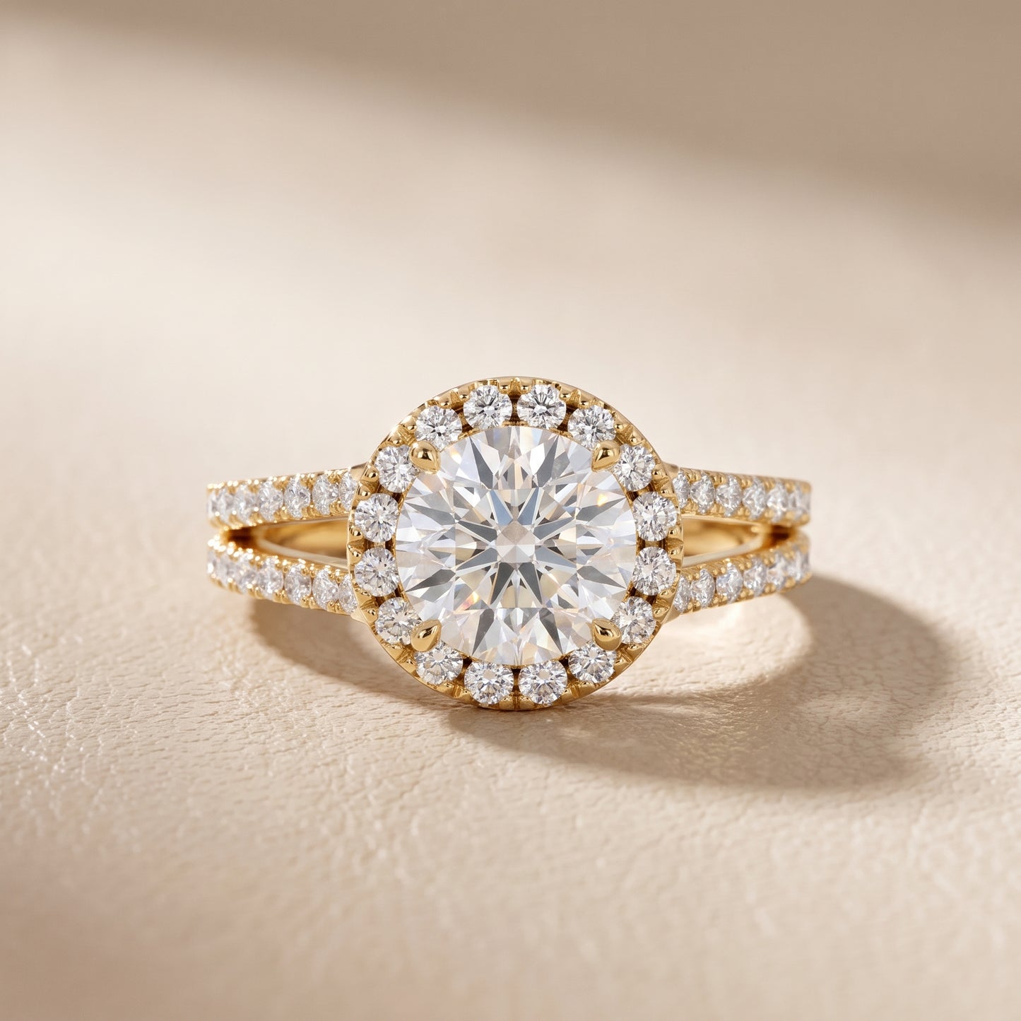 Kira Halo Split Shank Round Diamond Engagement Ring in Yellow Gold - front.jpg