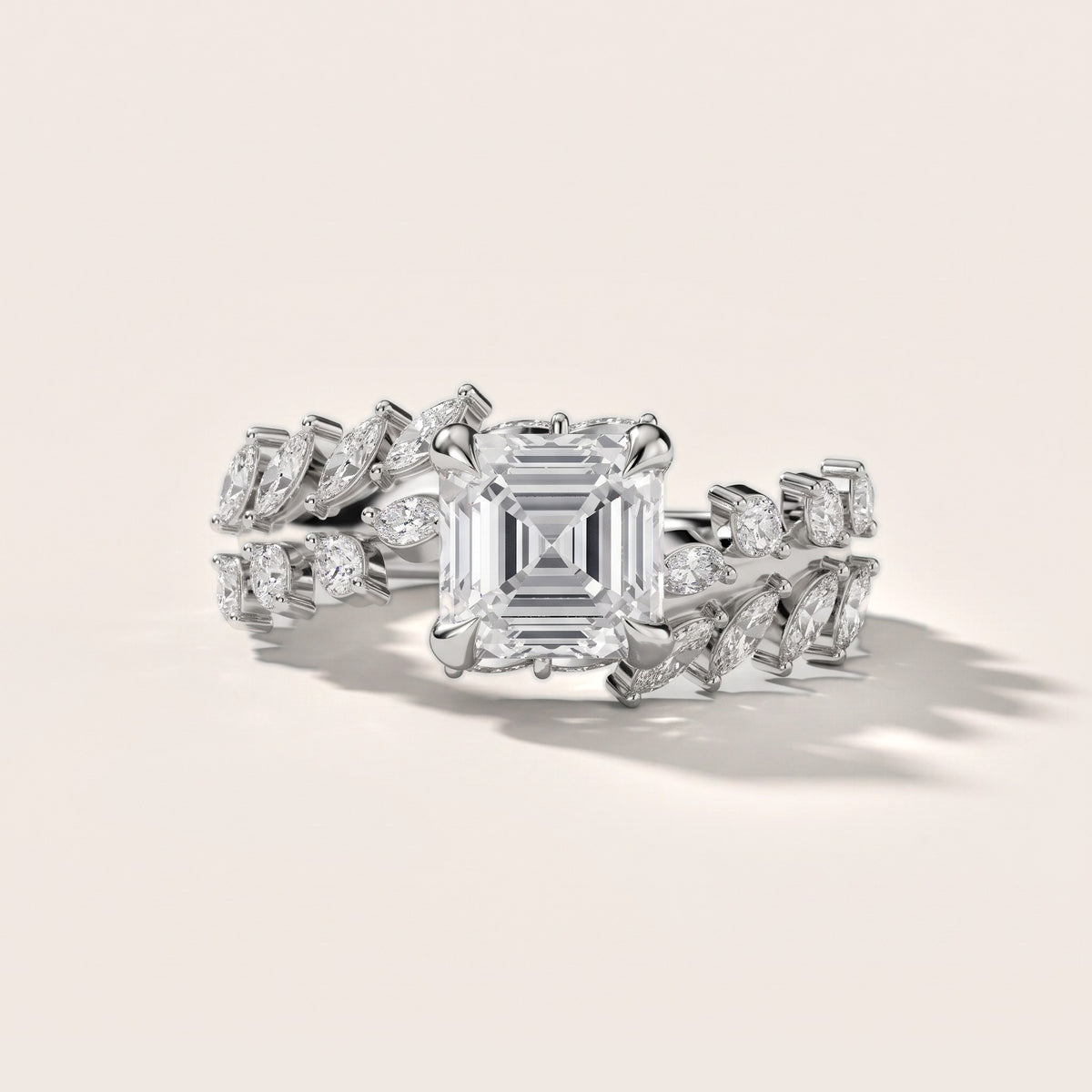 Beulah Leaf Garland Asscher Diamond Engagement Ring in Silver - front.jpg