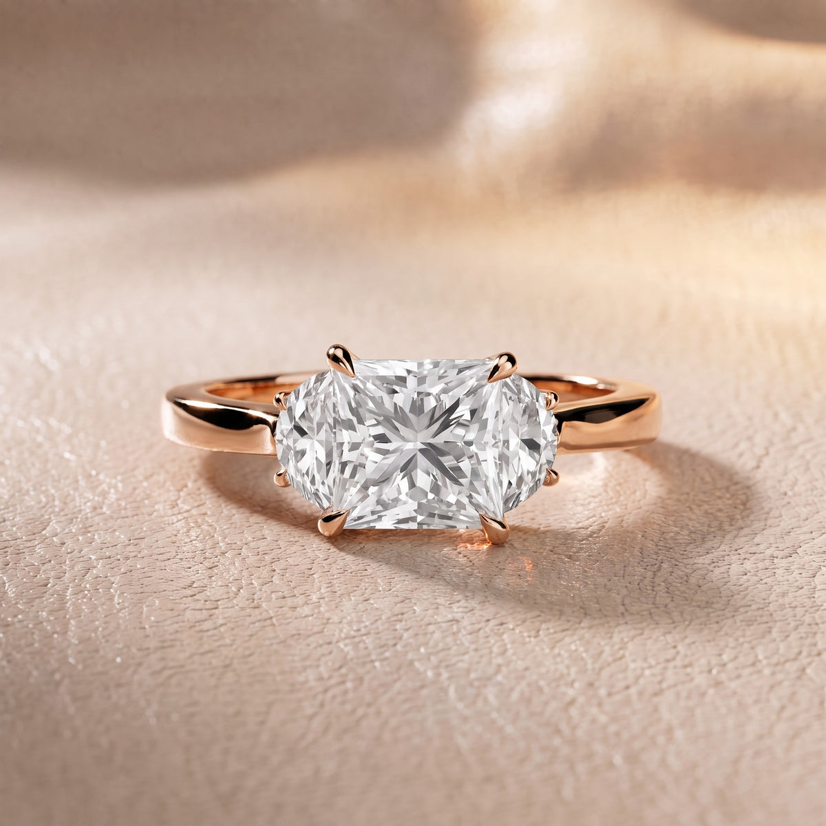 Romy Three-Stone Princess Diamond Engagement Ring in Rose Gold - front.jpg
