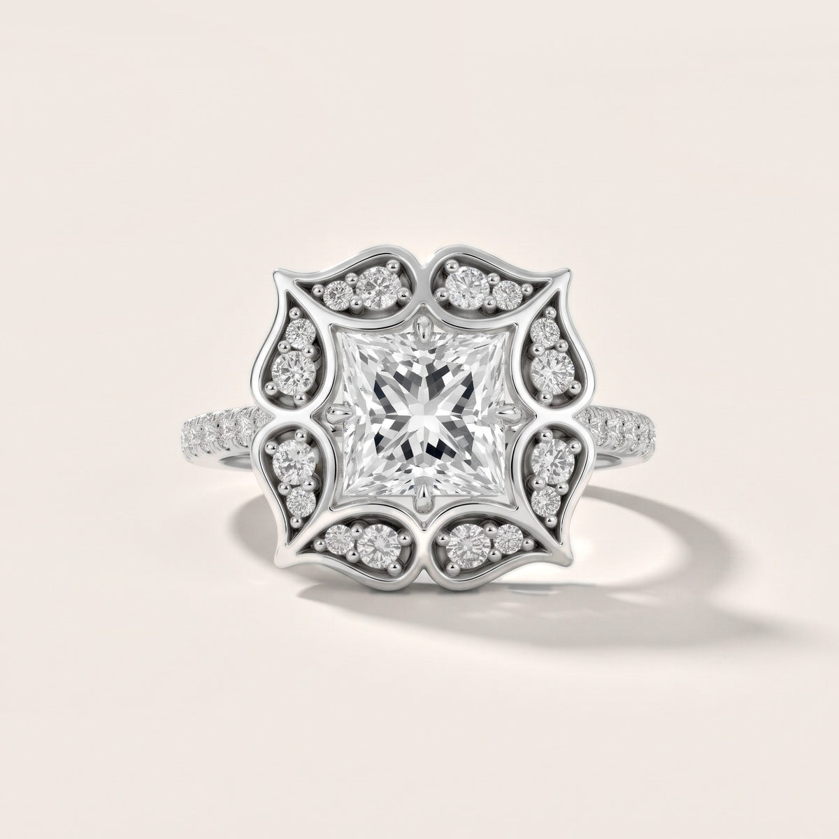 Caitlin Floral Halo Princess Diamond Engagement Ring in White Gold - front.jpg