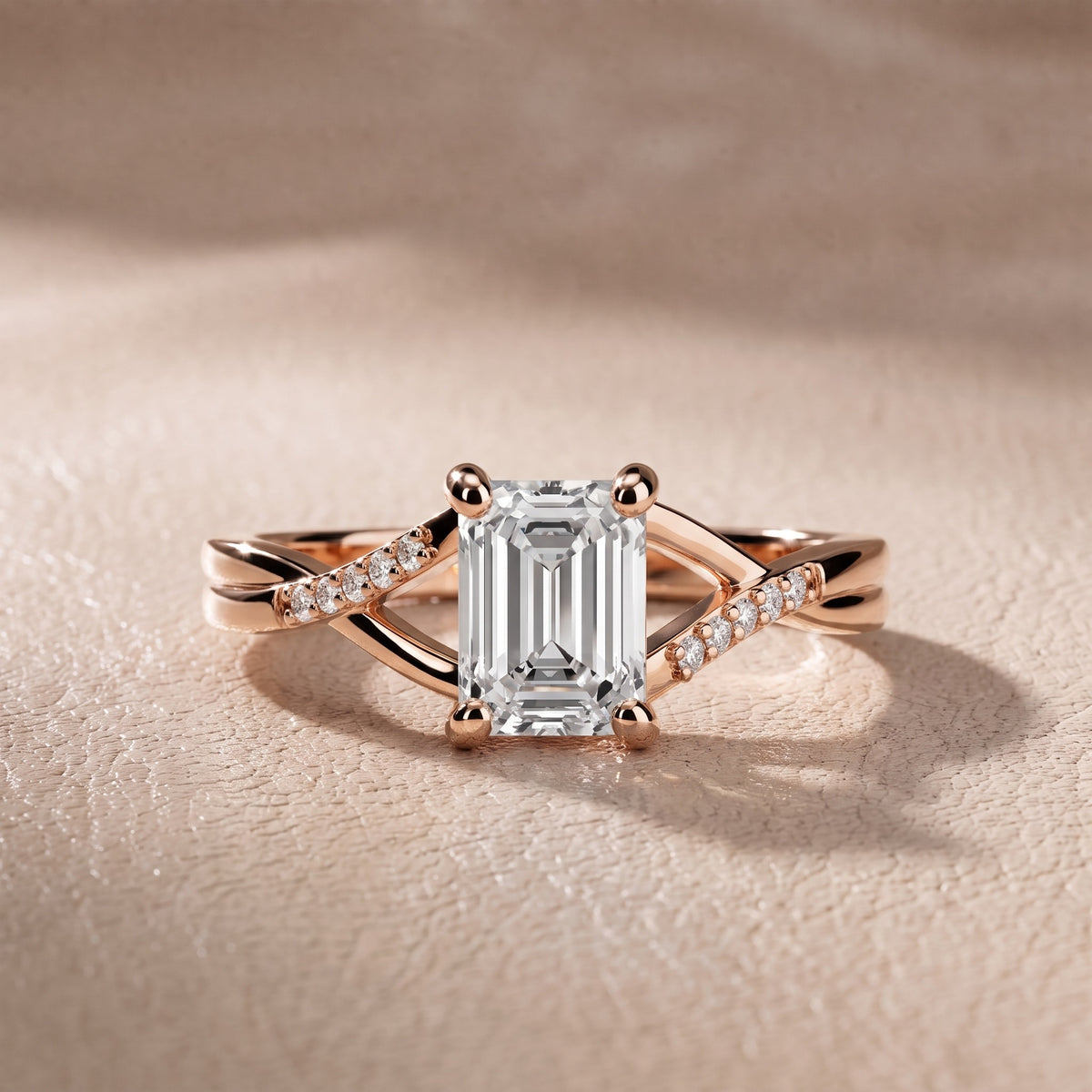 Veronica Twist Side Stone Emerald Diamond Engagement Ring in Rose Gold - front.jpg
