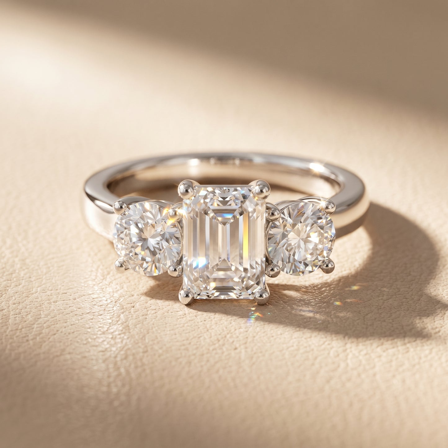 Callie Three-Stone Trellis Emerald Diamond Ring in Silver - front.jpg