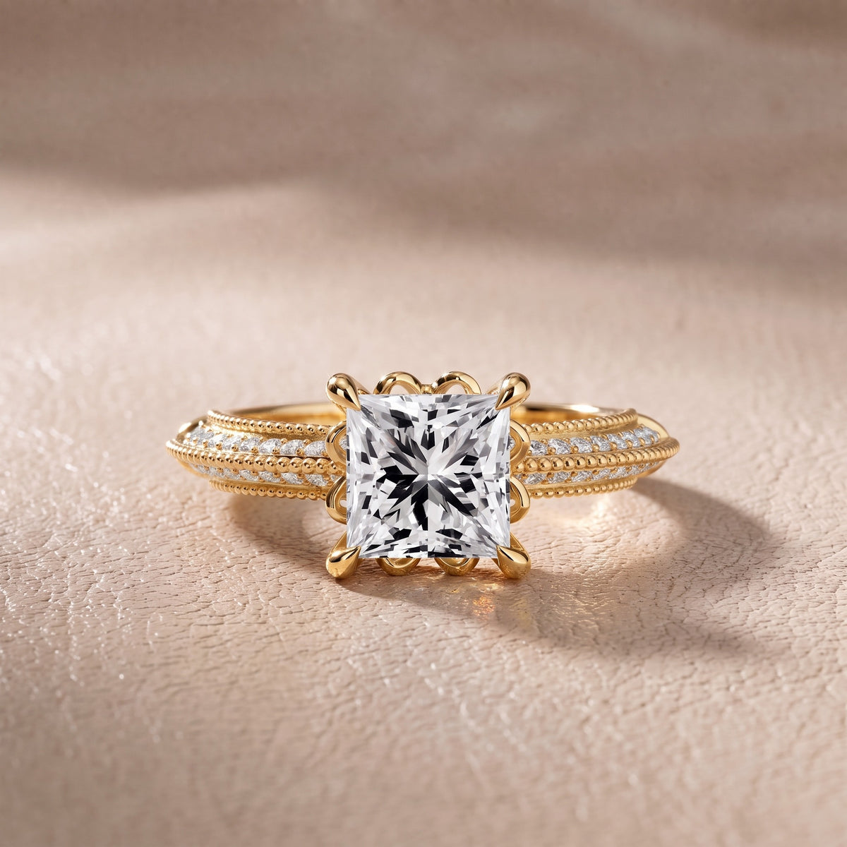 Chiara Vintage Milgrain Princess Diamond Engagement Ring in Yellow Gold - front.jpg