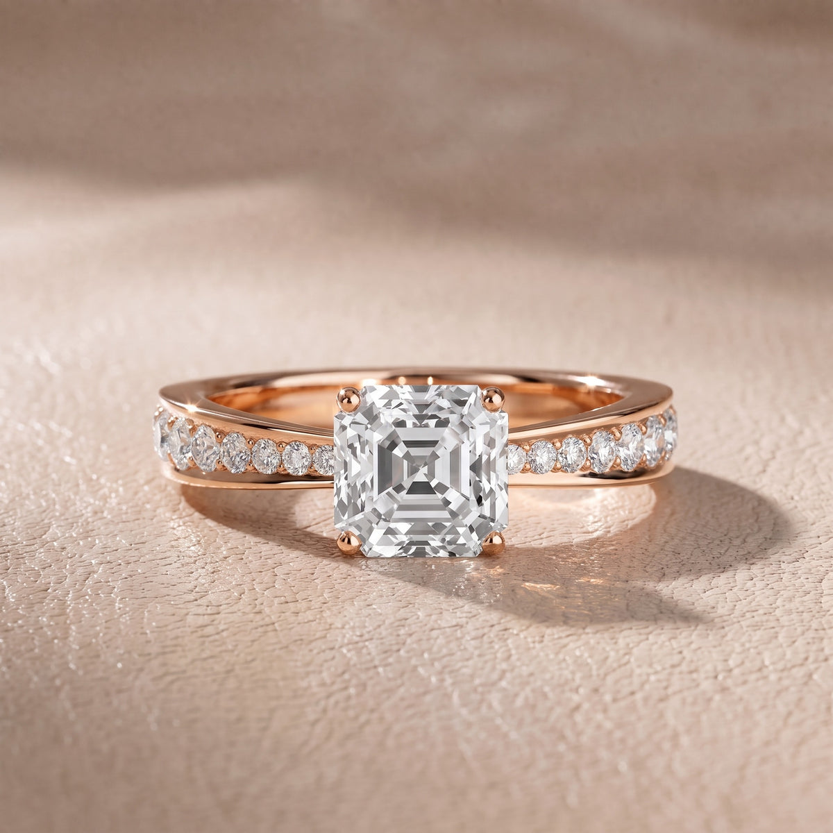 Rhea Sidestone Pavé Asscher Diamond Engagement Ring in Rose Gold - front.jpg
