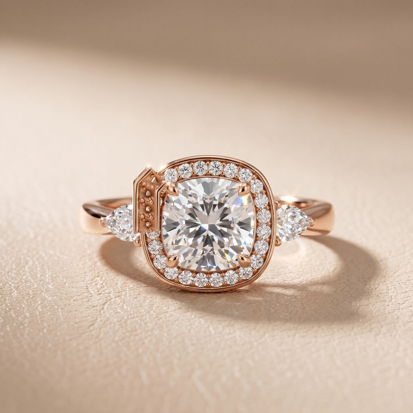 Eliza Halo Sidestone Cushion Diamond Engagement Ring in Rose Gold - front.jpg