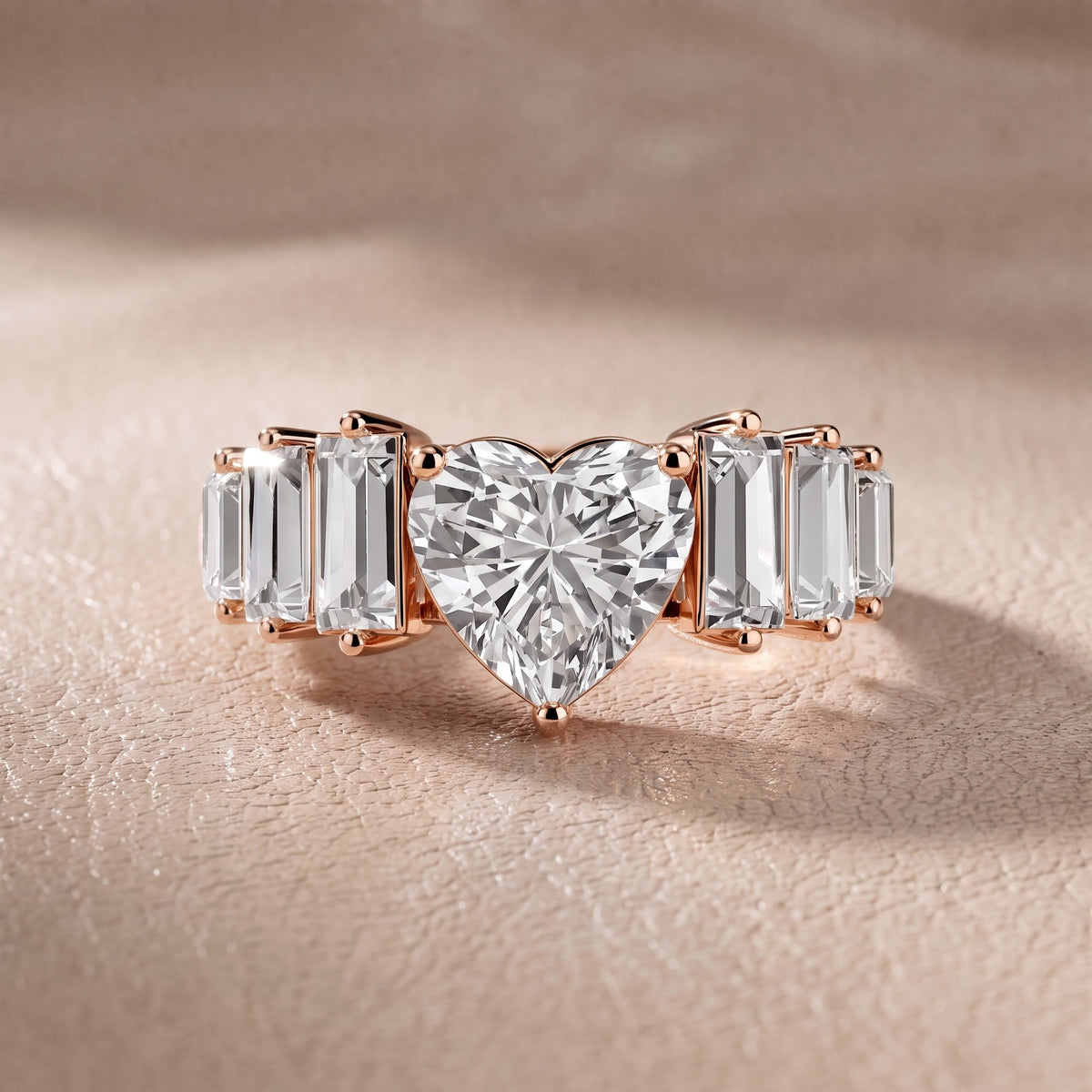 Mara Sidestone Baguette Accent Heart Diamond Engagement Ring in Rose Gold - front.jpg