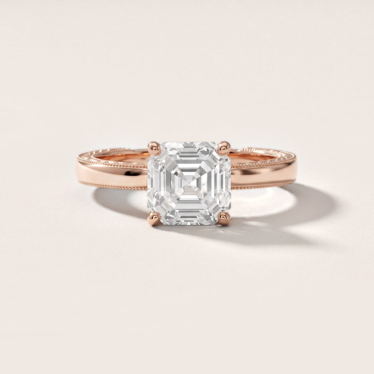 Kerry Engraved Solitaire Asscher Diamond Engagement Ring in Rose Gold - front.jpg