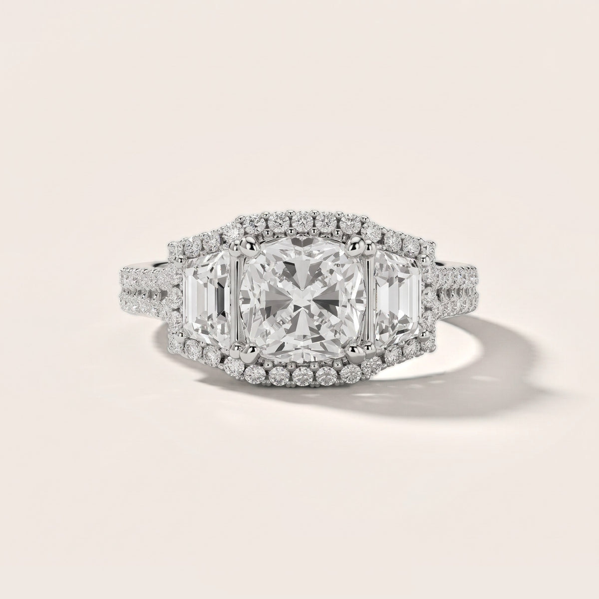 Oakley Three-Stone Split Shank Cushion Diamond Engagement Ring in Silver - front.jpg