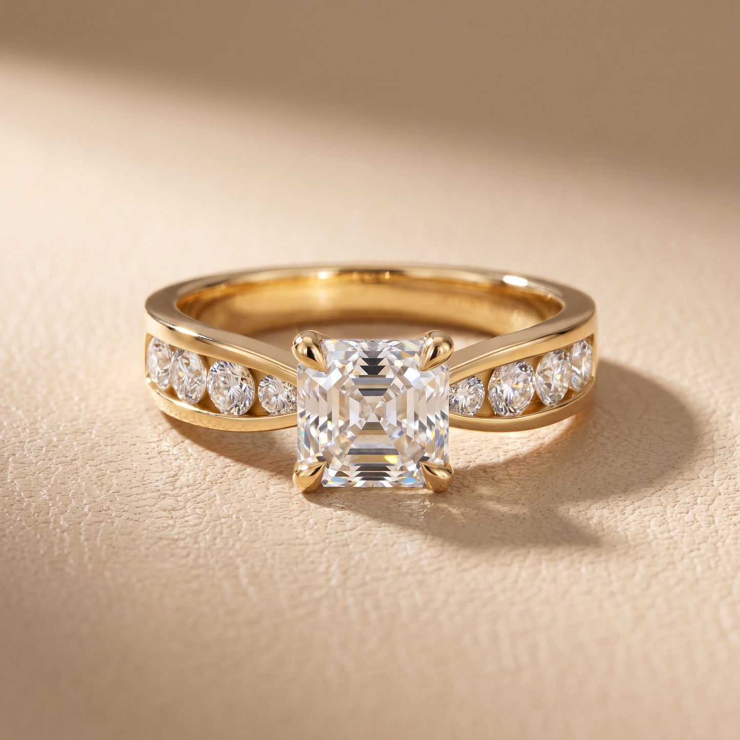 Noor Channel Set Sidestone Asscher Diamond Engagement Ring in Yellow Gold - front.jpg