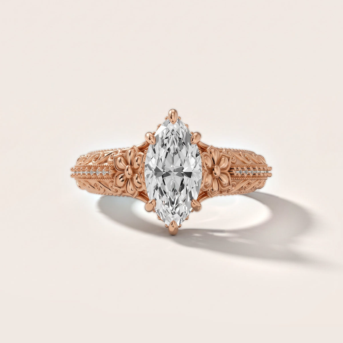 Mystic Hidden Halo Floral Marquise Diamond Engagement Ring in Rose Gold - front.jpg