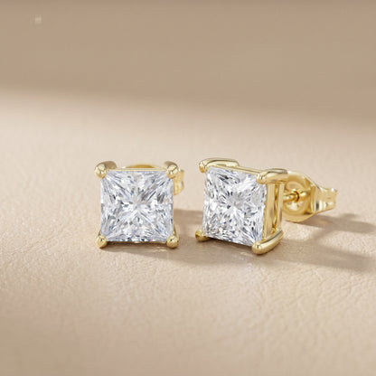 Ember Four-Prong Princess Diamond Stud Earrings in Yellow Gold