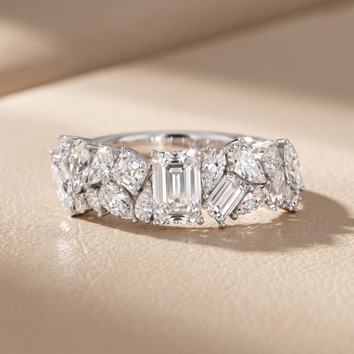 Louisa Cluster Emerald & Pear Diamond Anniversary Ring in White Gold - front.jpg