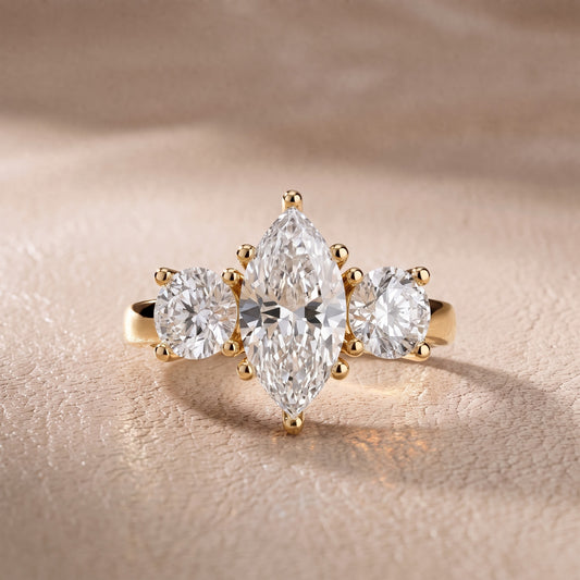 Callie Three-Stone Trellis Marquise Diamond Engagement Ring in Yellow Gold - front.jpg