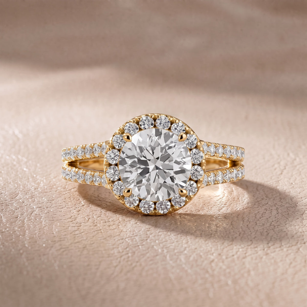 Kira Halo Split Shank Round Diamond Engagement Ring in Yellow Gold - front.jpg