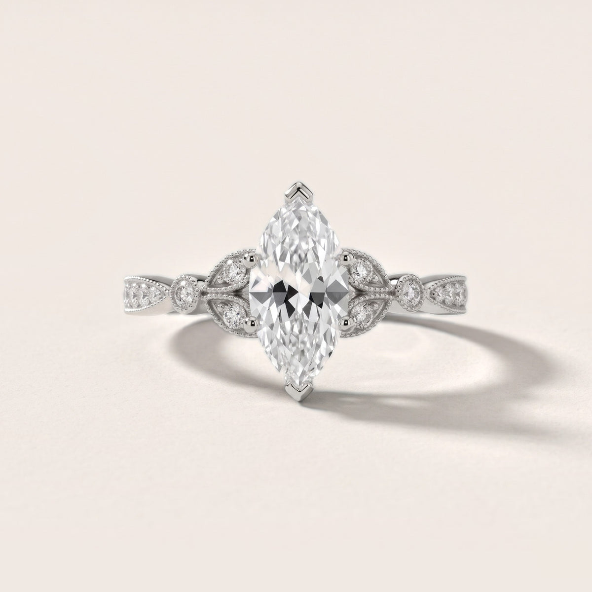 Ninette Vintage Leaf Marquise Diamond Engagement Ring in White Gold - front.jpg