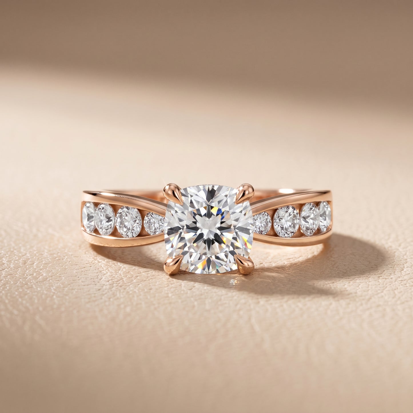 Noor Channel Set Sidestone Cushion Diamond Engagement Ring in Rose Gold - front.jpg