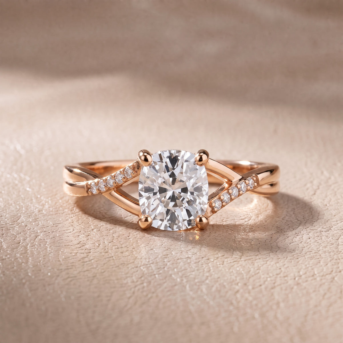 Veronica Twist Side Stone Cushion Diamond Engagement Ring in Rose Gold - front.jpg