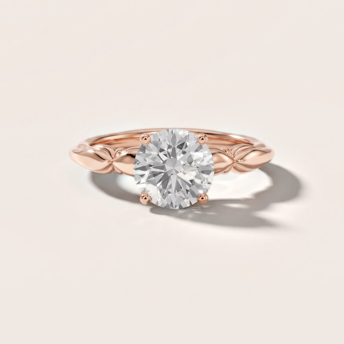 Verena Engraved Leaf Round Diamond Engagement Ring in Rose Gold - front.jpg