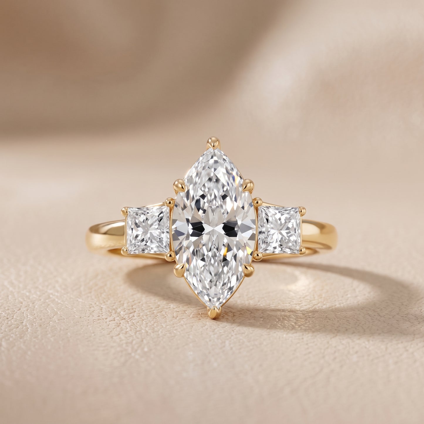 Selena Three-Stone Basket Marquise Diamond Ring in Yellow Gold - front.jpg