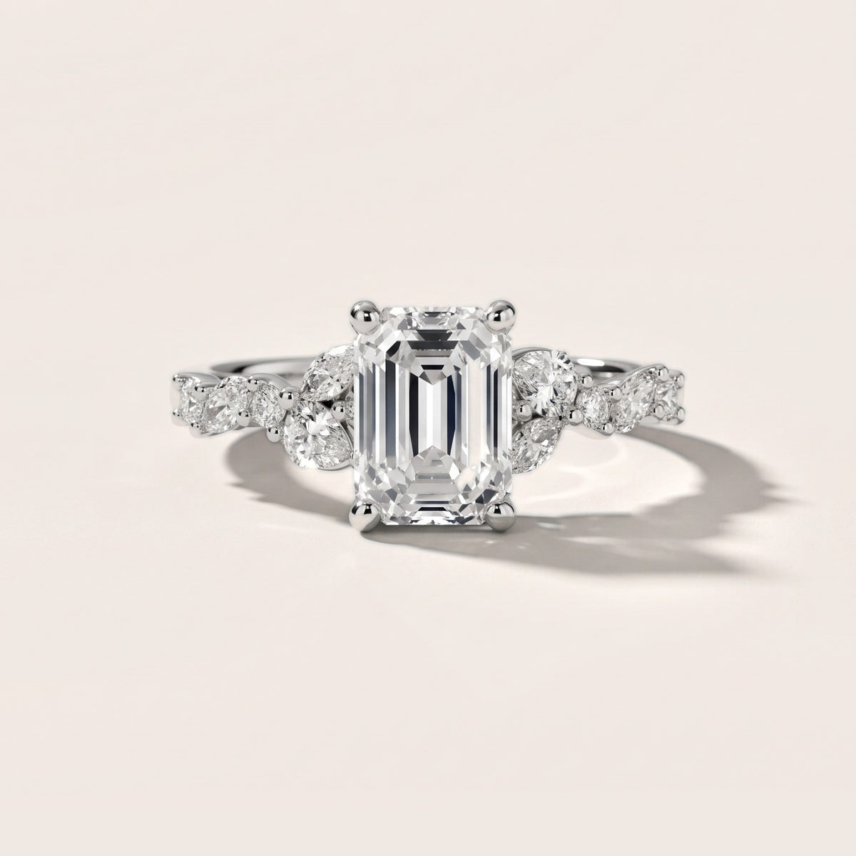 Mesa Vine Cluster Emerald Diamond Engagement Ring in White Gold - front.jpg