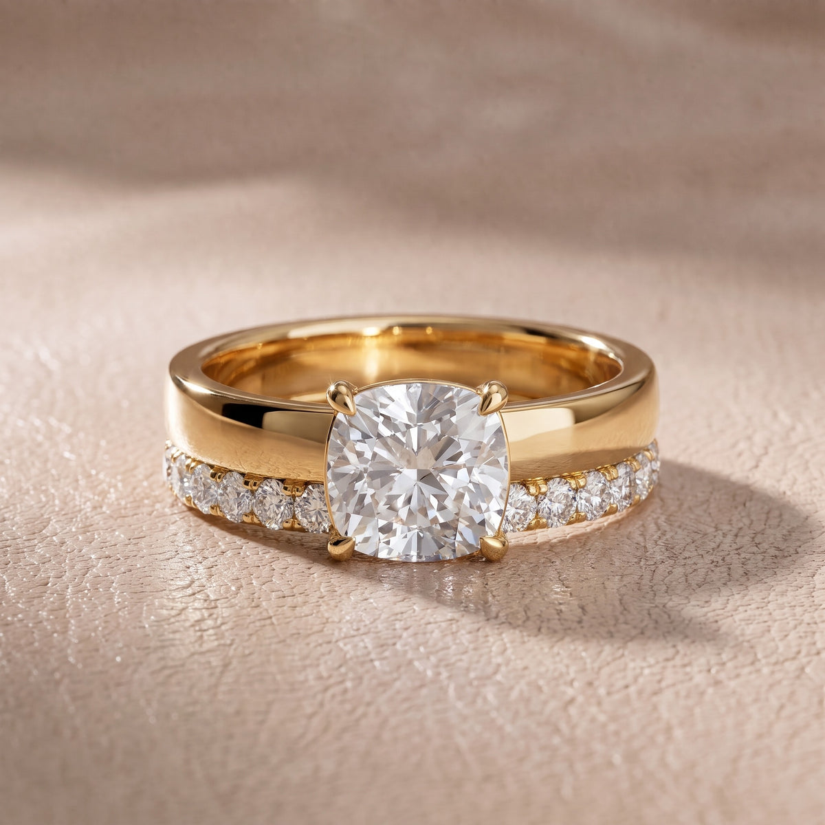 Josephine Split Shank Pavé Cushion Diamond Engagement Ring in Yellow Gold - front.jpg