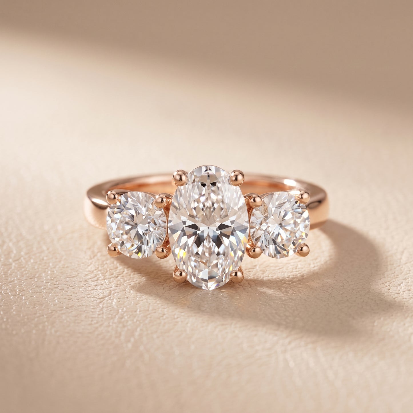 Callie Three-Stone Trellis Oval Diamond Engagement Ring in Rose Gold - front.jpg