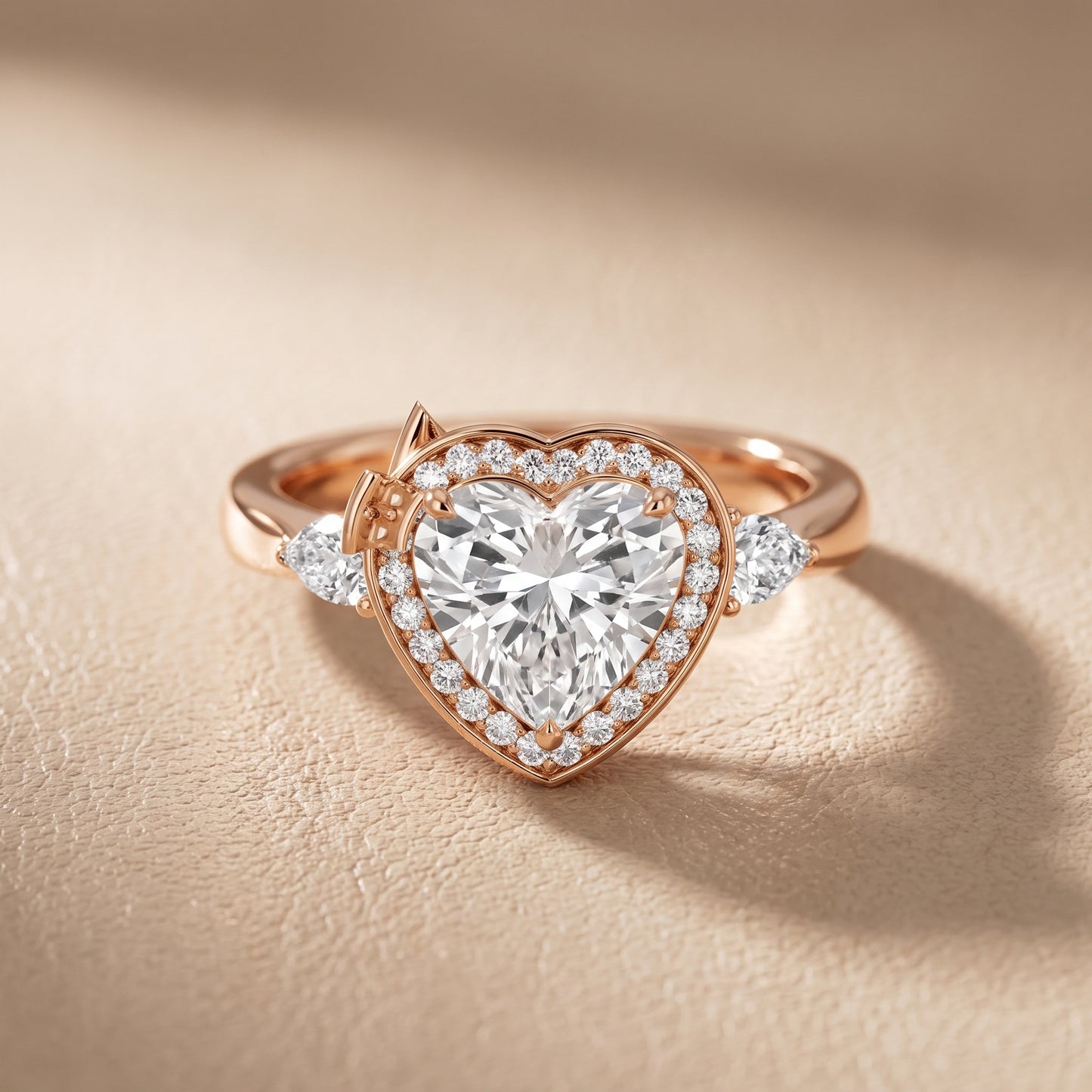 Eliza Halo Sidestone Heart Diamond Engagement Ring in Rose Gold - front.jpg