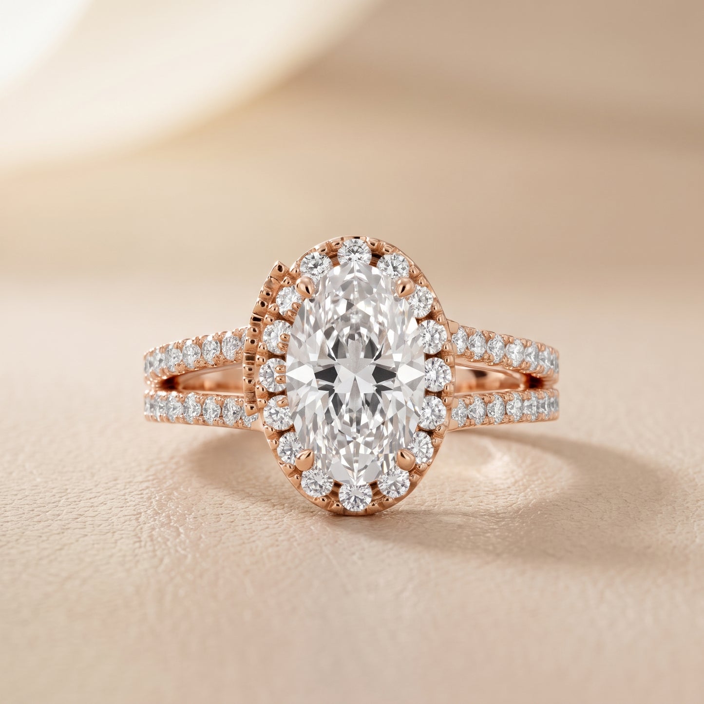 Kira Halo Split Shank Oval Diamond Engagement Ring in Rose Gold - front.jpg