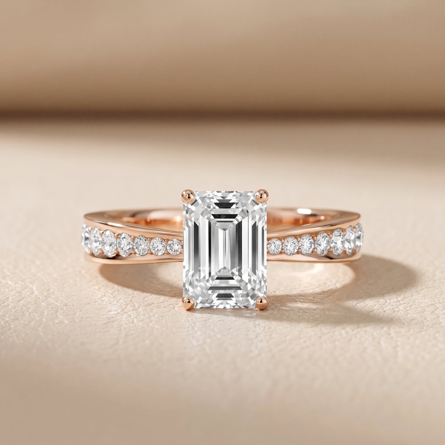Rhea Sidestone Pavé Emerald Diamond Engagement Ring in Rose Gold - front.jpg